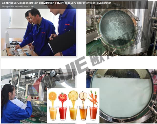 Continuous Collagen protein dehydration solvent recovery energy efficient evaporator