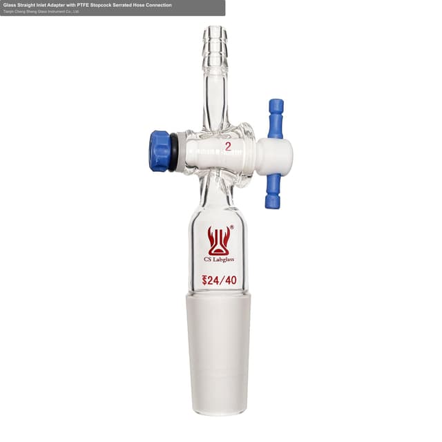 Glass Straight Inlet Adapter with PTFE Stopcock Serrated Hose Connection