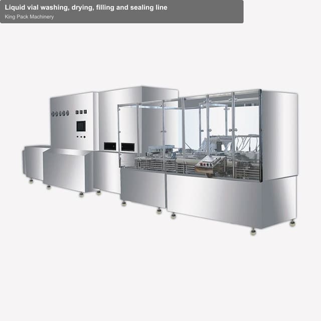 Liquid vial washing, drying, filling and sealing line