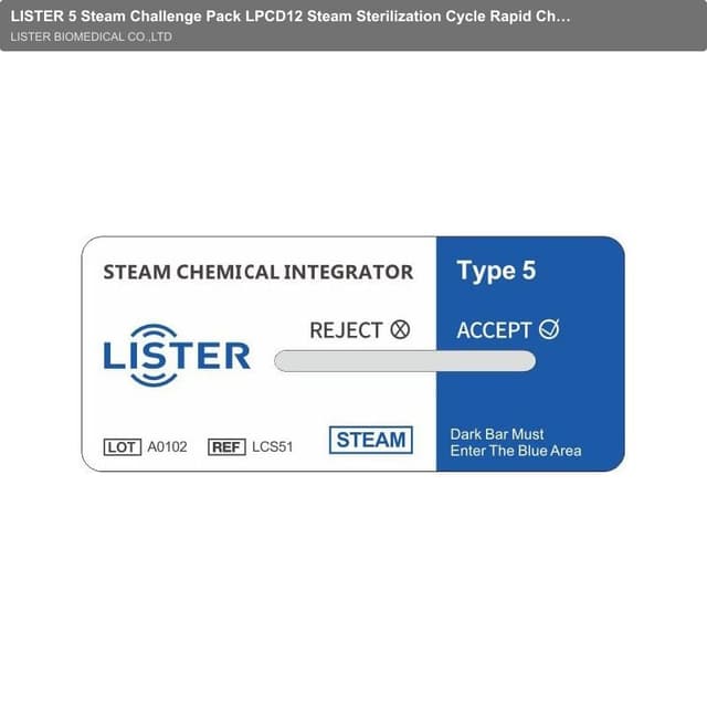 LISTER 5 Steam Challenge Pack LPCD12 Steam Sterilization Cycle Rapid Chemistry Indicator Card Challenge Pack