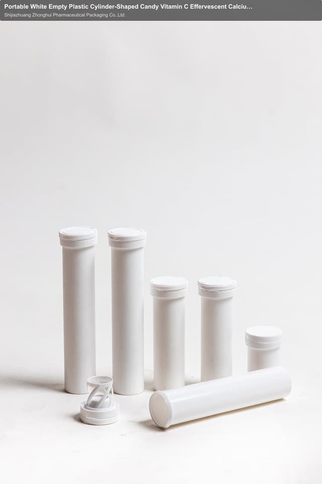 Portable White Empty Plastic Cylinder-Shaped Candy Vitamin C Effervescent Calcium Tablet Bottle Tube with Desiccant Cap