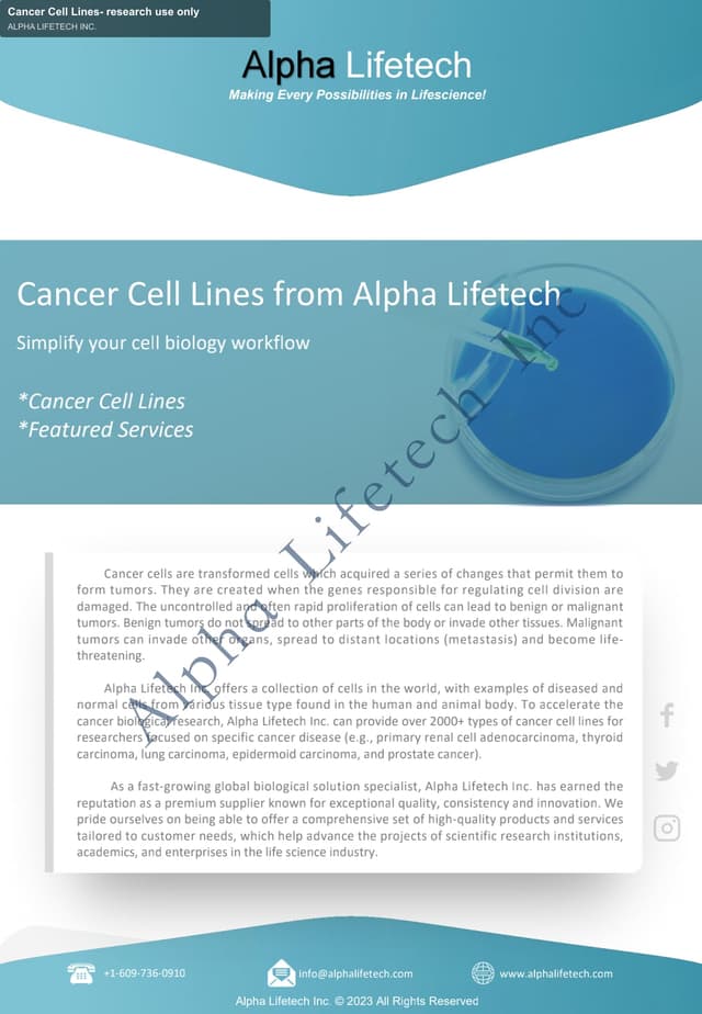 ALPHA LIFETECH INC. sell "Cancer Cell Lines- research use only"