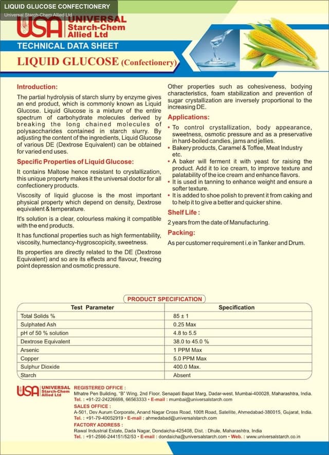 Universal Starch-Chem Allied Ltd sell "LIQUID GLUCOSE CONFECTIONERY"