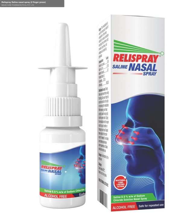 MIDAS CARE PHARMACEUTICAL PVT. LTD. sell "Relispray Saline nasal spray (2 finger press)"