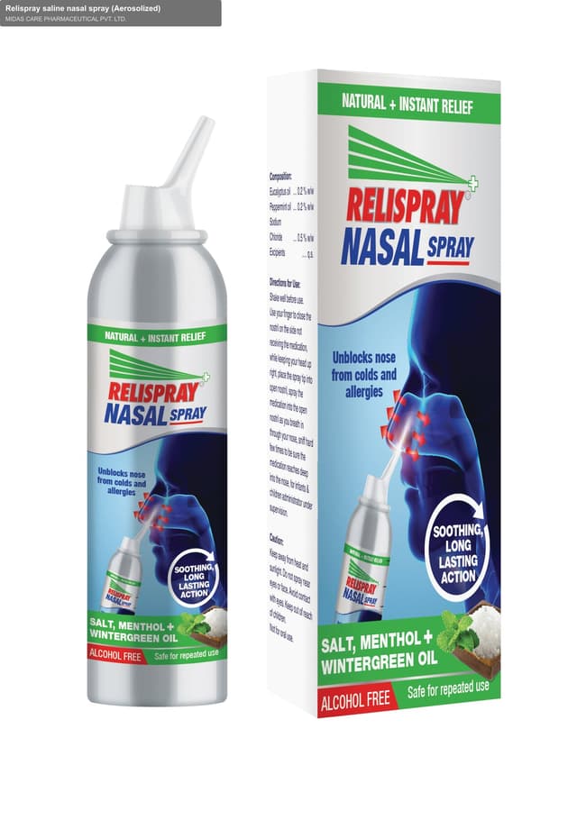 MIDAS CARE PHARMACEUTICAL PVT. LTD. sell "Relispray saline nasal spray (Aerosolized)"