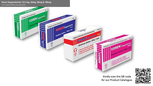 Y.S.P. INDUSTRIES (M) SDN BHD sell "Voren Suppositories 12.5 mg, 25mg, 50mg & 100mg"