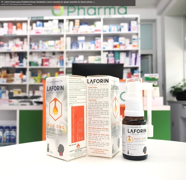 Ha Noi CPC1 Pharmaceutical Joint Stock Company sell "57. Laforin throat spray (Polyfloral Honey, Solubpolis, Lemon essential oil, ginger essential oil, thyme extract,...)"