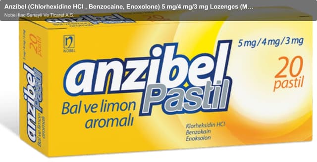 Nobel Ilac Sanayii Ve Ticaret A.S. sell "Anzibel (Chlorhexidine HCI , Benzocaine, Enoxolone) 5 mg/4 mg/3 mg Lozenges (Menthol/ Honey & Lemon/Licorice/Echinacea/Ginger Flavor)"